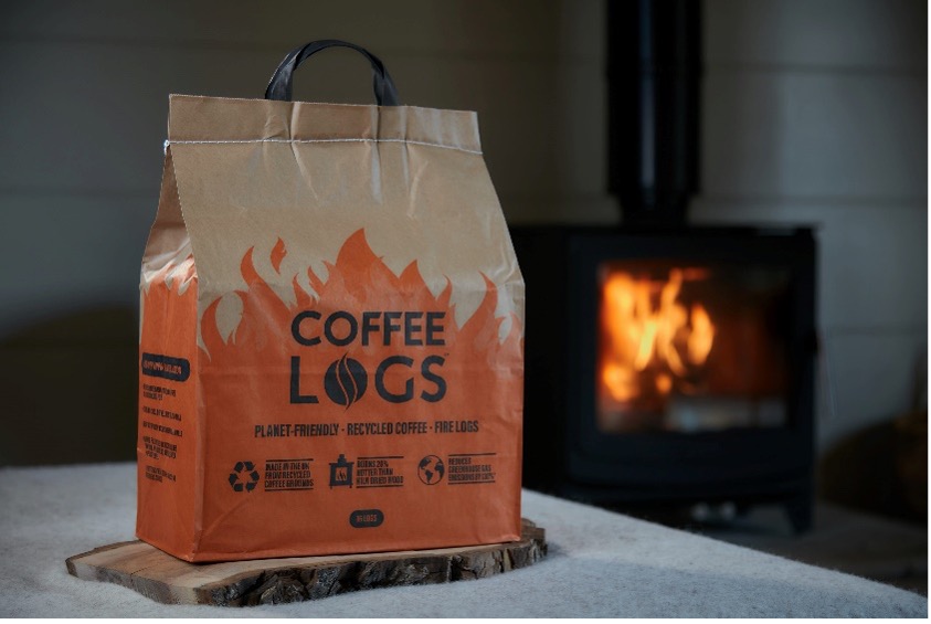 Coffee logs made from recycled coffee grounds